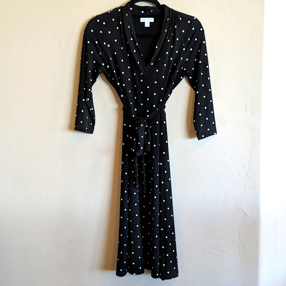 Black & White Polka-Dot Wrap Dress with Long Sleeves